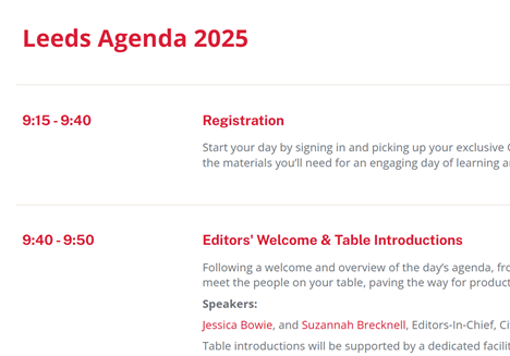 Image showing some of the agenda for the Leeds 2025 conference